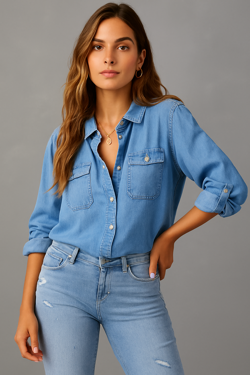 Camisa Jeans de Manga Comprida Aline