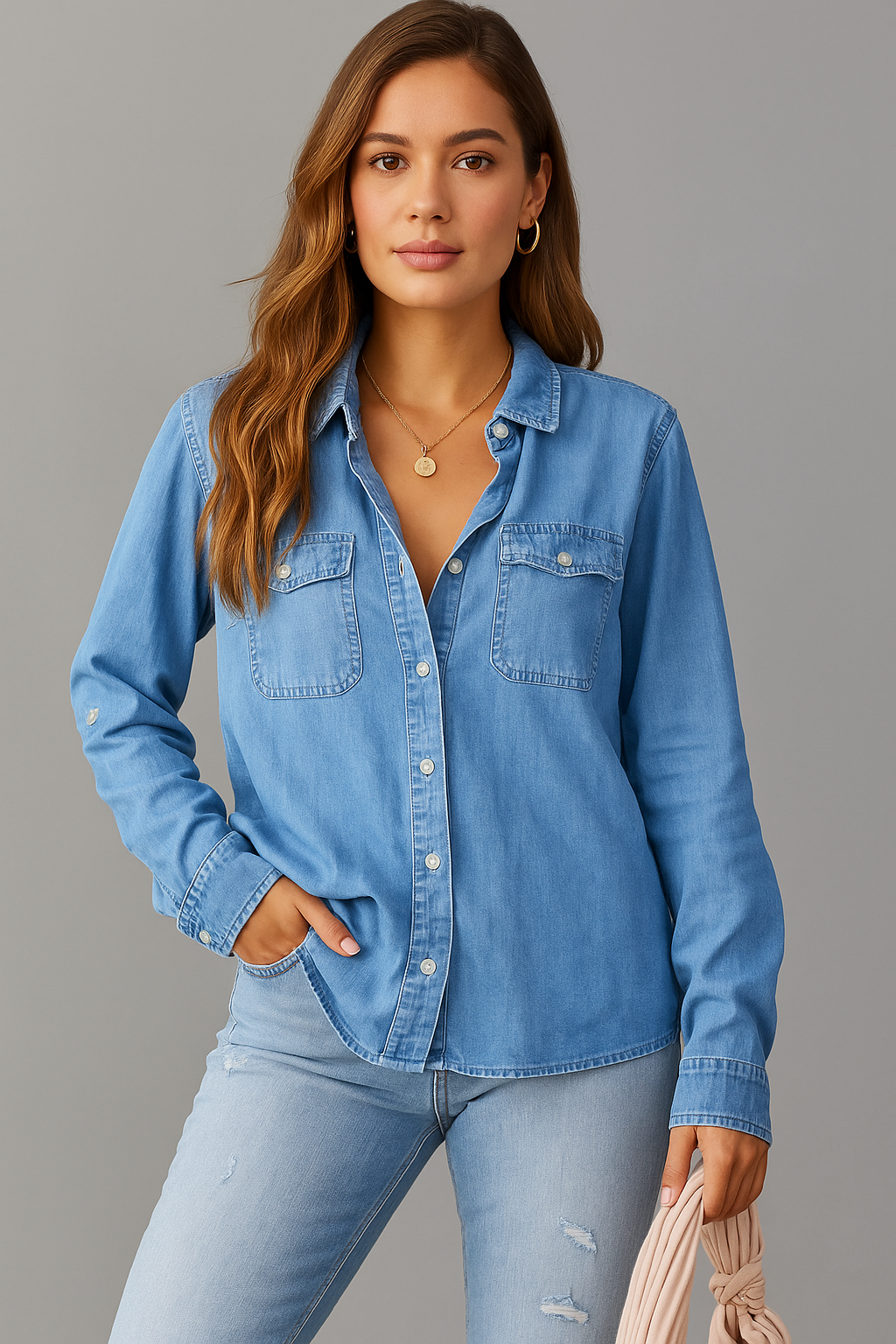 Camisa Jeans de Manga Comprida Aline