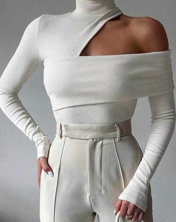 Blusa Manga Comprida Canelada com Ombro Aberto Sofia